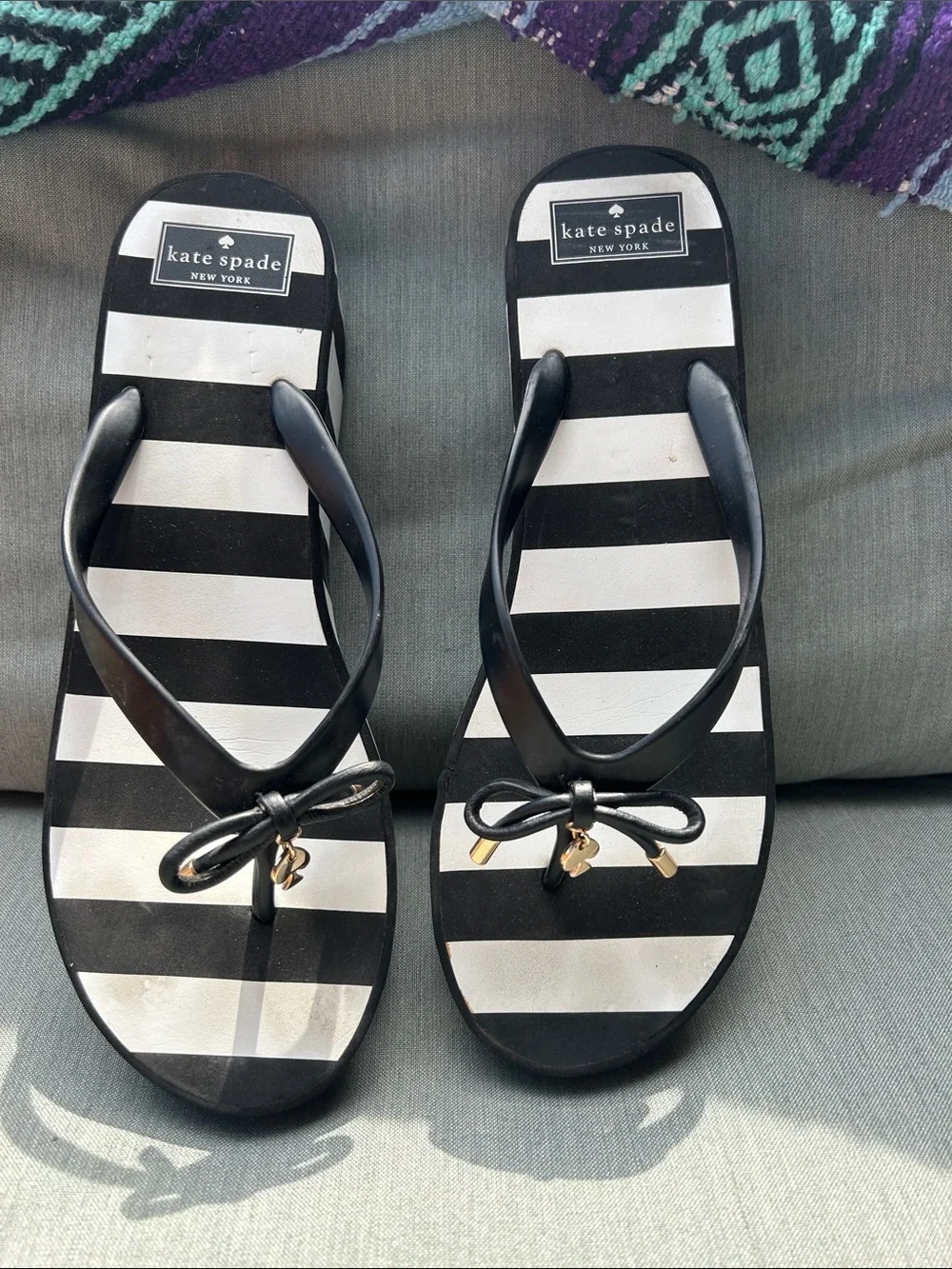 kate spade Black & White Striped Bow Flip Flop Sandals